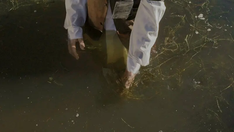 Environmental scientist wading in water for TOC monitoring